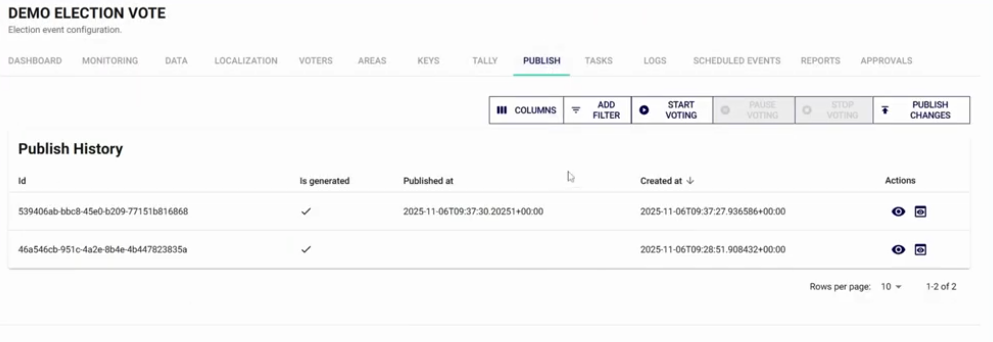 Publish History Screen